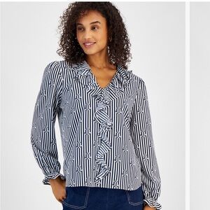 Nautica Black and White Striped Ruffle Blouse